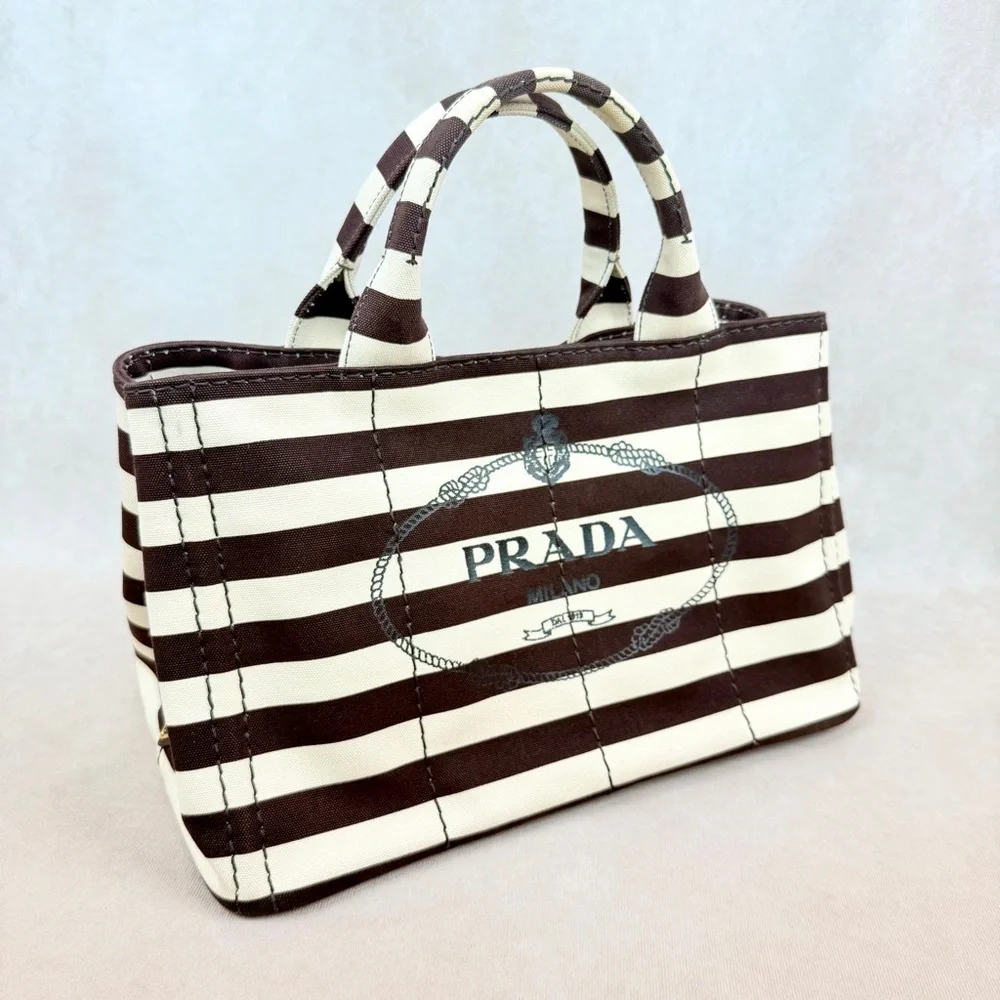 Prada Canapa Tote Chocolate Brown & Ivory Stripes w Strap + Dust Bags